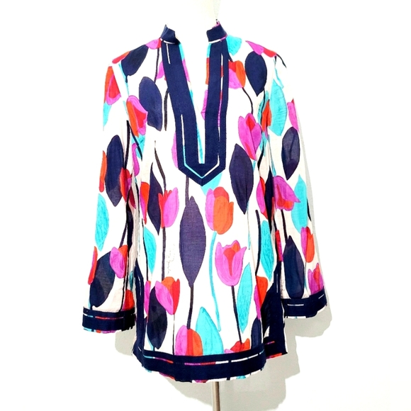 Tory Burch Tunic Top Size S Multicolor Floral Print 100% Cotton Boho Popover - Picture 1 of 15